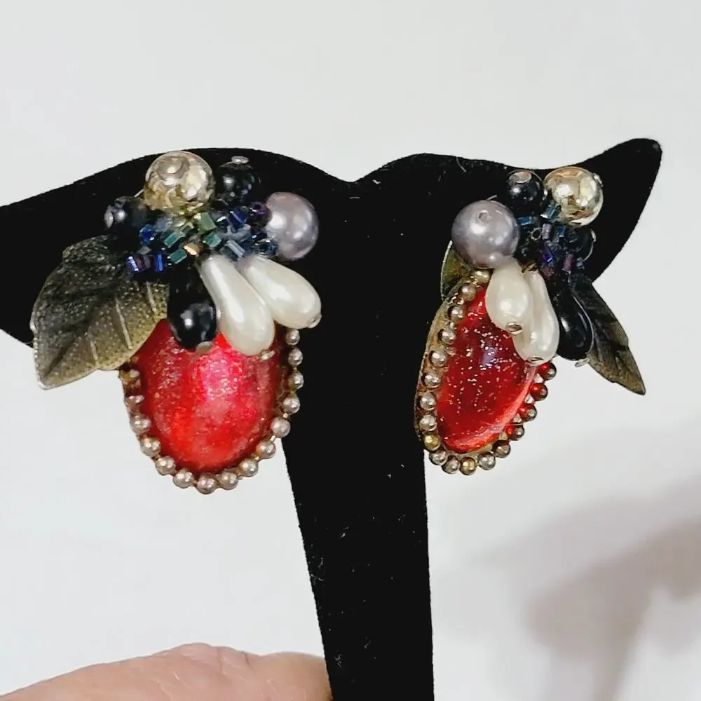 Vintage Statement Pierced Earrings, Red Lucite, 1.25